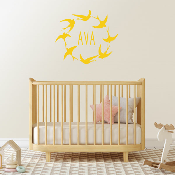 Personalised Baby Bird Wreath Wall Sticker - Baby Bird Circle Nursery Wall Decal