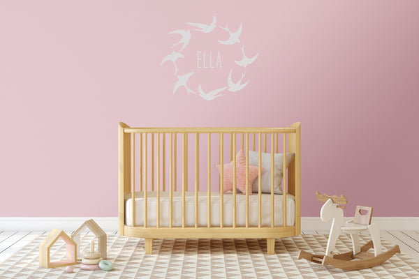 Personalised Baby Bird Wreath Wall Sticker - Baby Bird Circle Nursery Wall Decal