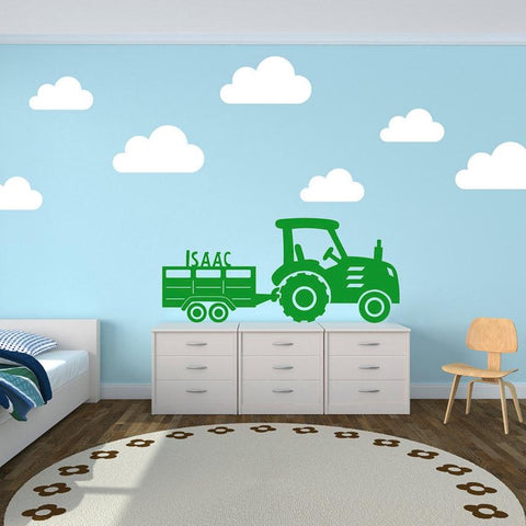 Personalised Tractor and Trailer with Clouds Farm Yard Wall Stickers